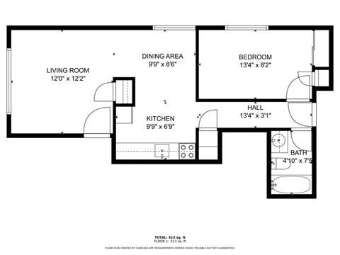 A black and white image of a floor plan for a small apartment.